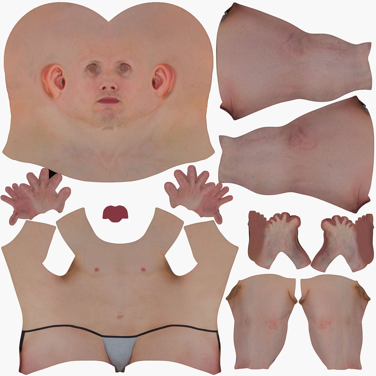 Unwrapped UV map layout for a lean athletic male 3D body scan showing low-distortion texture coordinates